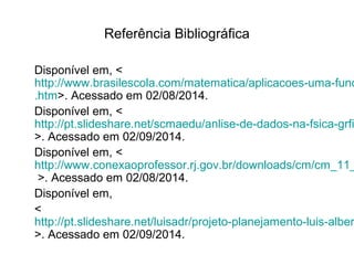Referência Bibliográfica 
Disponível em, < 
http://www.brasilescola.com/matematica/aplicacoes-uma-funcao-.htm>. Acessado em 02/08/2014. 
Disponível em, < 
http://pt.slideshare.net/scmaedu/anlise-de-dados-na-fsica-grficos 
>. Acessado em 02/09/2014. 
Disponível em, < 
http://www.conexaoprofessor.rj.gov.br/downloads/cm/cm_11_>. Acessado em 02/08/2014. 
Disponível em, 
< http://pt.slideshare.net/luisadr/projeto-planejamento-luis-alberto->. Acessado em 02/09/2014. 
