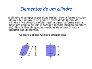 Elementos de um cilindro
O cilindro é composto por duas bases, com a forma circular
 de raio (r), altura (h) e geratriz (medida da lateral do
 cilindro). No cilindro circular reto, a geratriz forma com a
 base um ângulo de 90º e possui a mesma medida da altura
 (h). No cilindro oblíquo, as medidas da altura (h) e da
 geratriz são diferentes.
        Cilindro oblíquo Cilindro circular reto
 