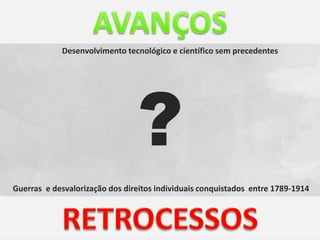 Desenvolvimento tecnológico e científico sem precedentes




                                ?
Guerras e desvalorização dos direitos individuais conquistados entre 1789-1914
 