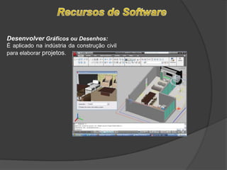 Recursos de SoftwareDesenvolver Gráficos ou Desenhos:  É aplicado na indústria da construção civil para elaborar projetos.