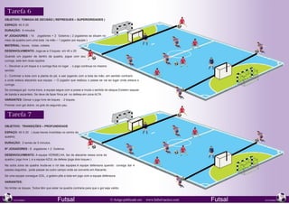 Tarefa 6
OBJETIVO: Tomada de decisão ( repregues – superioridades )
ESPAÇO: 40 X 20
DURAÇÃO: 6 minutos
Nº JOGADORES : 10 Jogadores + 2 Goleiros ( 2 jogadores se situam no
meio da quadra com uma bola na mão – 1 jogador por equipe )
MATERIAL: traves, bolas, coletes
DESENVOLVIMENTO: Joga-se a 3 toques em 40 x 20
Quando um jogador de dentro da quadra, jogue com seu
curinga, este tem duas opções:
1.- Devolver a um toque e o curinga fica no lugar - o jogo continua no mesmo
sentido.
2.- Controlar a bola com a planta do pé, e sair jogando com a bola da mão, em sentido contrario
a onde estava atacando sua equipe. – O jogador que realizou o passe se vai ao lugar onde estava o
curinga.
Se consegue gol numa trave, a equipe segue com a posse e muda o sentido do ataque.Existem saques
de banda e escanteio. Se deve de fazer finca pé no defesa em zona ALTA.
VARIANTES: Deixar o jogo livre de toques - 2 toques.
Premiar com gol dobre, os gols do segundo pau.


  Tarefa 7
OBJETIVO: Transições – Profundidade

ESPAÇO: 40 X 20 ( duas traves invertidas no centro da
quadra)

DURAÇÃO: 2 series de 5 minutos

Nº JOGADORES : 8 Jogadores + 2 Goleiros

DESENVOLVIMENTO: A equipe VERMELHA, faz de atacante nessa zona da
quadra ( jogo livre ), e a equipe AZUL da defesa (joga dois toques )

Na outra zona da quadra muda-se o rol das equipes.A equipe defensora quando consiga dar 4
passes seguidos , pode passar ao outro campo onde se converte em Atacante.

Se uma equipe consegue GOL, o goleiro põe a bola em jogo com a equipe defensora.

VARIANTES:

No limitar os toques. Todos têm que estar na quadra contraria para que o gol seja valido.

204                                                                                                                                                    205
      NOVEMBRO                          Futsal                                    © Artigo publicado em   www.futbol-tactico.com   Futsal   NOVEMBRO
 