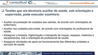 • Auxiliar na prestação de cuidados aos utentes, de acordo com orientações do
enfermeiro.
• Auxiliar nos cuidados pós-morte, de acordo com orientações do profissional de
saúde.
• Assegurar a limpeza, higienização e transporte de roupas, espaços, materiais e
equipamentos, sob a orientação de profissional de saúde.
• Assegurar atividades de apoio ao funcionamento das diferentes unidades e
serviços de saúde.
 Tarefas que o/a técnico/a auxiliar de saúde, sob orientação e
supervisão, pode executar sozinho/a:
 