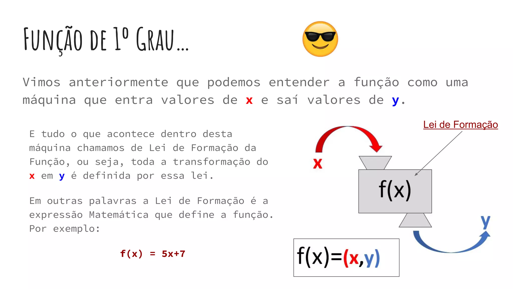 Função de 1º Grau…
Vimos anteriormente que podemos entender a função como uma
máquina que entra valores de x e saí valores de y.
E tudo o que acontece dentro desta
máquina chamamos de Lei de Formação da
Função, ou seja, toda a transformação do
x em y é definida por essa lei.
Em outras palavras a Lei de Formação é a
expressão Matemática que define a função.
Por exemplo:
f(x) = 5x+7
Lei de Formação
 