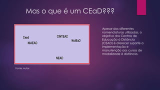 Mas o que é um CEaD???
Apesar das diferentes
nomenclaturas utilizadas, o
objetivo dos Centros de
Educação à Distância
(CEAD) é oferecer suporte a
implementação e
manutenção aos cursos de
modalidade à distância.

Fonte: Autor.

 