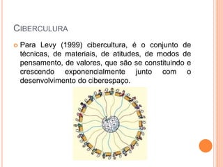 CIBERCULURA
 Para Levy (1999) cibercultura, é o conjunto de
técnicas, de materiais, de atitudes, de modos de
pensamento, de valores, que são se constituindo e
crescendo exponencialmente junto com o
desenvolvimento do ciberespaço.
 