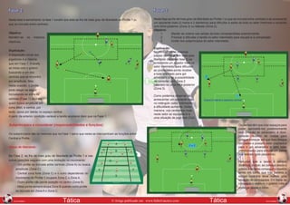 Fase 2:                                                                                                   Fase 3:

     Nesta fase é semelhante na fase 1 exceto que esta se lhe dá mais grau de liberdade ao Pivôte 1 (o         Nesta fase se lhe dá mais grau de liberdade ao Pivôte 1 (o que se incrusta entre centrais) e se acrescenta
                                                                                                               um oponente mais (2 meios e 2 dianteiros) para dificultar a saída da bola no setor intermeio e conectar
     que se incrusta entre centrais).
                                                                                                               com linha posterior (Zona 3) ou laterais (Zona 2).
                                                                                                               Objetivo:
     Objetivo:                                                                                                      1.	     Manter as ordens nas saídas da bola compreendidas anteriormente.
     Mantêm-se     os   mesmos                                                                                      2.	     Priorizar e dificultar a tarefa no setor intermédio para equipá-lo a competição.
     objetivos.                                                                                                     3.	     Incidir nos subprincípios do setor intermédio.

                                                                                                               Explicação:
     Explicação:                                                                                               Seguindo com as mesmas
     A disposição inicial dos                                                                                  pautas (pivôte já tem mais grau
     jogadores é a mesma                                                                                       liberdade como em fase 2) se
     que em Fase 1. A tarefa                                                                                   acrescenta um jogador mais no
                                                                                                               setor intermédio para dificultar
     se inicia com o goleiro
                                                                                                               ao pivôte/meia-ponta receber
     buscando a um dos                                                                                         a bola orientado para gol
     centrais que se encontra                                                                                  adversário e ter a possibilidade
     em amplitude. Mas                                                                                         de conectar com Zona 2
     nesta ocasião, o pivôte                                                                                   (laterais) ou uma linha posterior
                                                                                                               (Zona 3).
     pode eleger se seguir
     incrustando-se entre os                                                                                   Como podemos observar ao
     centrais (Fase 1) ou é ele                                                                                acrescentar um oponente mais
     quem busca amplitude em                                                                                   no retângulo (setor intermédio)
     zona débil, e central, por                                                                                a dificuldade aumenta. Desta
                                                                                                               maneira, nos centramos mais
     tanto, apoia por detrás no espaço central.
                                                                                                               neste setor ao equipará-lo a
     A partir da anterior condição variável a tarefa acontece idem que na Fase 1.                              uma situação de jogo real (2x2).

     Subprincípios a considerar (responsabilidades e funções):                                                                                                                    Os pivôtes têm que criar espaços para
                                                                                                                                                                                  poder aproveitá-los posteriormente
                                                                                                                                                                                  sem pressão do adversário, é dizer,
     Os subprincípios são os mesmos que na Fase 1 salvo que nesta se intercambiam as funções entre
                                                                                                                                                                                  poderão receber de costas para
     Central e Pivôte.                                                                                                                                                            voltar a começar até que lhes chegue
                                                                                                                                                                                  um passe e possam estar orientados
     Graus de liberdade:                                                                                                                                                          para o gol adversário e sem estar
                                                                                                                                                                                  pressionados para simular um passe
                                                                                                                                                                                  aos laterais (gols pequenos).
     Na Fase 2, se lhe dá mais grau de liberdade ao Pivôte 1 e nas
     outras posições seguem com uma limitação no movimento:                                                                                                                       Recordar que a tarefa é sempre
          -	Um pivôte se incrusta entre centrais (Zona A) ou busca                                                                                                                dinâmica, é dizer, se começa desde o
          amplitude (Zona C)                                                                                                                                                      goleiro e se tenta conseguir o objetivo
          -	Central zona forte (Zona C) e o outro dependendo do                                                                                                                   tendo em conta que trás perdida a
                                                                                                                                                                                  equipe contrária deve montar uma
          movimento do Pivôte 1 ocupará Zona C o Zona A.
                                                                                                                                                                                  situação de contragolpe. Em troca, se
          -	Outro pivôte não perde posição no centro (Zona B)                                                                                                                     consegue o objetivo, o goleiro volta a
          -	Meia-ponta sempre ocupa Zona B quando outro pivôte                                                                                                                    começar desde o inicio.
          se incrusta em Zona A o Zona C.

42                                                                                                                                                                                                                   43
        NOVEMBRO                              Tática                                © Artigo publicado em www.futbol-tactico.com                           Tática                                       NOVEMBRO
 