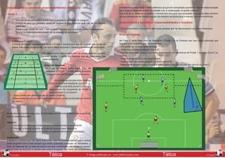 Subprincípios a considerar (responsabilidades e funções):                                                  e facilitará a saída desde o setor defensivo já que em competição queremos que se desta situação
                                                                                                                para superar possíveis linhas de pressão (ver a continuação na tarefa coletiva).
     - Pivôte 2:                                                                                                Como se pode observar no gráfico o central terá dois gols que simularão o passe ao falso extremo
                                                                                                                (já que sempre saindo desde posição de extremo se fecha para o espaço central entrelinhas)
          •	 Sincronizar-se com o meia-ponta para a criação e ocupação de espaços
          •	 Perfilar-se para gol contrário antes de receber a bola (sempre que não tenha pressão               Subprincípios a considerar (responsabilidades e funções):
             sobre ele)
          •	 Iniciar o jogo (jogar de cara – “em sustem”) sempre que esteja de costas e pressionado             **Os subprincípios a considerar são todos aqueles que se descreveram nas fases anteriores.
          •	 Timing no movimento para evadir-se da pressão do adversário
                                                                                                                Graus de liberdade:
     - Meia-ponta:
          o	Idem que Pivôte 2                                                                                   Na Fase 4, terão mais grau de liberdade o Pivôte 1 e os Centrais que nas outras posições que
          o	Timing de ocupar o espaço que deixa o Pivôte 1 sempre tem que ser quando tem opção de               seguem com uma limitação no movimento:
          passe (não antes já que senão não terá o efeito surpresa e daremos facilidade ao adversário).         - Um pivôte se incrusta entre centrais
                                                                                                                - (Zona A) ou busca amplitude (Zona C)
                                      **Os subprincípios relacionados com as outras posições (goleiro,          - Central zona forte (Zona C) e o outro dependendo do movimento do Pivôte 1 ocupará Zona C ou
                                       centrais, pivôte 1) serão os mesmos que se detalharam nas                Zona a.
                                        fases anteriores.                                                       - Poderá progredir com bola para Zona F.
                                                                                                                - Outro pivôte não perde posição no centro (Zona B)
                                          Graus de liberdade:                                                   - Meia-ponta sempre ocupa Zona B quando outro pivôte se incrusta em zona A ou Zona C.
                                           Na Fase 3, segue tendo mais grau de
                                           liberdade o Pivôte 1 e nas outras posições
                                             seguem com uma limitação no movimento:

                                             -	    Um pivôte se incrusta entre centrais
                                              (Zona A) ou busca amplitude (Zona C)
                                               -	  Central zona forte (Zona C) e o outro
                                               dependendo do movimento do Pivôte 1
                                               ocupará Zona C ou Zona A.
          -	Outro pivôte não perde posição no centro (Zona B)
          -	Meia-ponta sempre ocupa Zona B quando outro pivôte se incrusta em Zona A
          ou Zona C.

     Fase 4:
     Nesta fase acrescenta mais grau de liberdade aos centrais e facilitamos a saída de
     bola no setor defensivo.

     Objetivo:
        1.	 Manter as ordens nas saídas da bola compreendidas anteriormente.
        2.	 Priorizar e facilitar a tarefa na saída de bola do setor defensivo.
        3.	 Incidir nos subprincípios de ambos os setores (defensivo e intermédio)

     Explicação:
     A tarefa é a mesma que nas fases anteriores, mas lhe acrescentamos que o central
     pode progredir com a bola sempre que tenha superado a pressão do adversário, é
     dizer, ao bascular de um lado ao outro e ver que o adversário não chega ao espaço
     lateral onde se encontra o central este poderá progredir. Por tanto, se condicionará
44                                                                                                                                                                                                                 45
        NOVEMBRO                               Tática                                © Artigo publicado em www.futbol-tactico.com                        Tática                                     NOVEMBRO
 