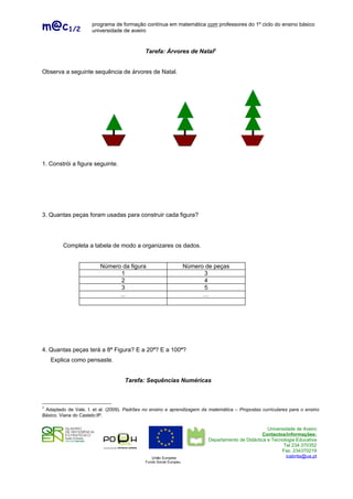 m@c1/2                programa de formação contínua em matemática com professores do 1º ciclo do ensino básico
                      universidade de aveiro


                                             Tarefa: Árvores de Natal2


Observa a seguinte sequência de árvores de Natal.




1. Constrói a figura seguinte.




3. Quantas peças foram usadas para construir cada figura?




         Completa a tabela de modo a organizares os dados.


                         Número da figura                           Número de peças
                               1                                          3
                               2                                          4
                               3                                          5
                               …                                          …




4. Quantas peças terá a 8ª Figura? E a 20ª? E a 100ª?
    Explica como pensaste.


                                    Tarefa: Sequências Numéricas



2
 Adaptado de Vale, I. et al. (2009). Padrões no ensino e aprendizagem da matemática – Propostas curriculares para o ensino
Básico. Viana do Castelo:IP.

                                                                                                      Universidade de Aveiro
                                                                                                    Contactos/informações:
                                                                            Departamento de Didáctica e Tecnologia Educativa
                                                                                                             Tel 234.370352
                                                                                                            Fax. 234370219
                                                União Europeia                                                icabrita@ua.pt
                                             Fundo Social Europeu
 