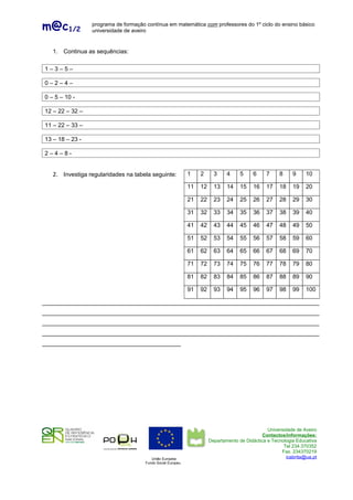 m@c1/2           programa de formação contínua em matemática com professores do 1º ciclo do ensino básico
                 universidade de aveiro


   1. Continua as sequências:

1–3–5–

0–2–4–

0 – 5 – 10 -

12 – 22 – 32 –

11 – 22 – 33 –

13 – 18 – 23 -

2–4–8-


   2. Investiga regularidades na tabela seguinte:            1    2      3     4    5     6     7     8     9     10

                                                             11   12     13    14   15    16    17    18    19    20

                                                             21   22     23    24   25    26    27    28    29    30

                                                             31   32     33    34   35    36    37    38    39    40

                                                             41   42     43    44   45    46    47    48    49    50

                                                             51   52     53    54   55    56    57    58    59    60

                                                             61   62     63    64   65    66    67    68    69    70

                                                             71   72     73    74   75    76    77    78    79    80

                                                             81   82     83    84   85    86    87    88    89    90

                                                             91   92     93    94   95    96    97    98    99    100

____________________________________________________________________________________
____________________________________________________________________________________
____________________________________________________________________________________
____________________________________________________________________________________
__________________________________________




                                                                                                 Universidade de Aveiro
                                                                                               Contactos/informações:
                                                                       Departamento de Didáctica e Tecnologia Educativa
                                                                                                        Tel 234.370352
                                                                                                       Fax. 234370219
                                         União Europeia                                                  icabrita@ua.pt
                                      Fundo Social Europeu
 