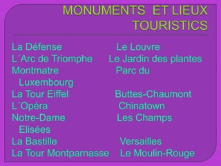 La Défense Le Louvre
L´Arc de Triomphe Le Jardin des plantes
Montmatre Parc du
Luxembourg
La Tour Eiffel Buttes-Chaumont
L´Opéra Chinatown
Notre-Dame Les Champs
Elisées
La Bastille Versailles
La Tour Montparnasse Le Moulin-Rouge
 