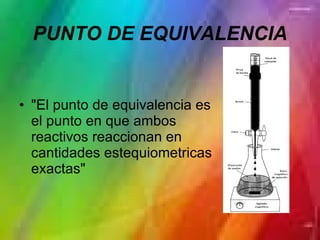 PUNTO DE EQUIVALENCIA "El punto de equivalencia es el punto en que ambos reactivos reaccionan en cantidades estequiometricas exactas" 