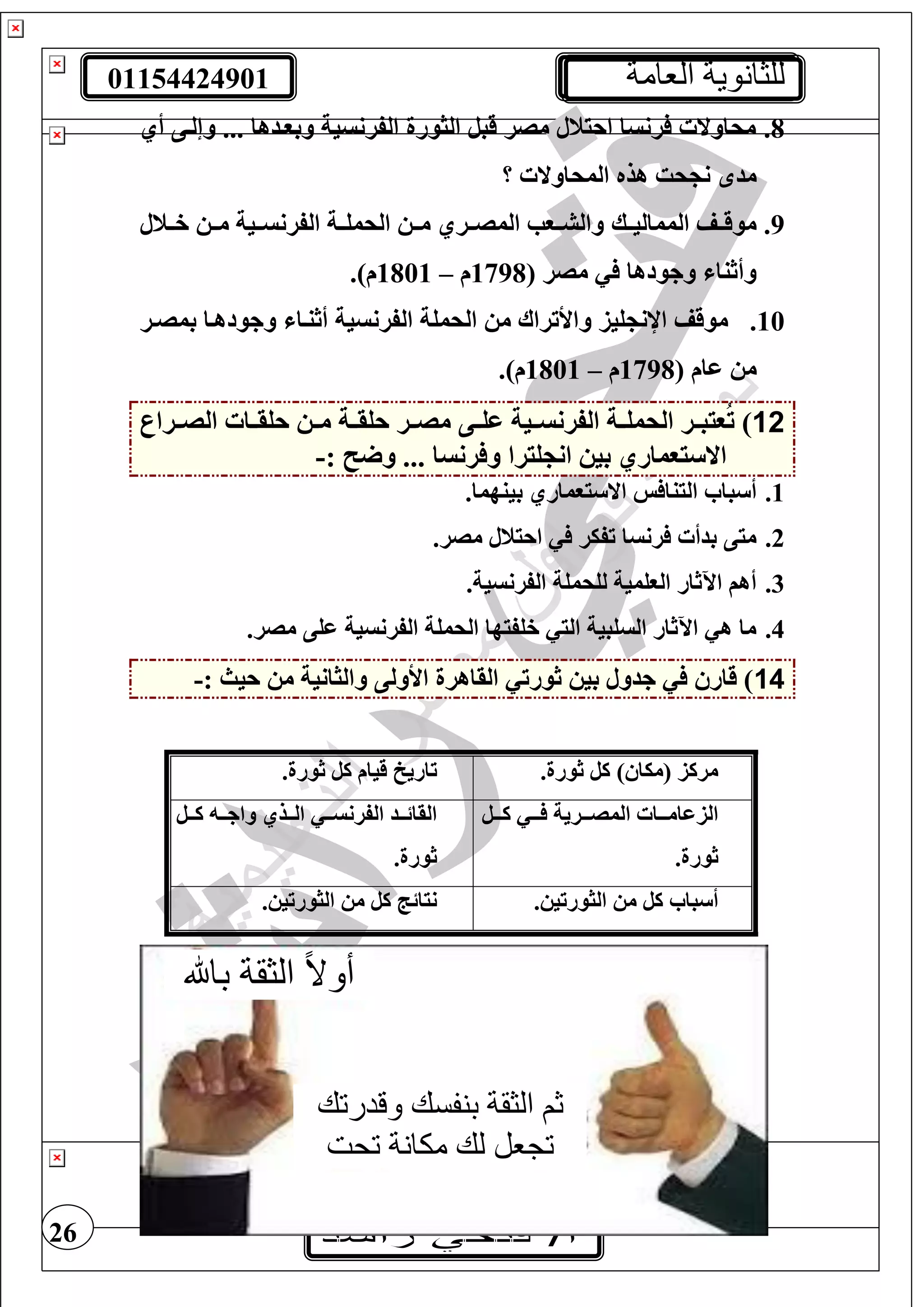 01154424901 ‫العامة‬ ‫للثانوية‬
26
8.‫أي‬ ‫وإلتى‬ ... ‫وبوتدها‬ ‫الفرنسية‬ ‫الثورة‬ ‫قبل‬ ‫مصر‬ ‫احينل‬ ‫رنسا‬ ‫محاوال‬
‫؟‬ ‫المحاوال‬ ‫هذه‬ ‫حت‬ ‫ن‬ ‫مد‬
9.‫تك‬‫ت‬‫الممالي‬ ‫موقتتف‬‫ختتنل‬ ‫ت‬‫ت‬‫م‬ ‫الفرنستتية‬ ‫تة‬‫ت‬‫الحمغ‬ ‫متت‬ ‫المصتتري‬ ‫والشتتوب‬
( ‫مصر‬ ‫وجودها‬ ‫وأثنا‬1798‫م‬–1801.)‫م‬
10.‫بمصتر‬ ‫وجودهتا‬ ‫أثنتا‬ ‫الفرنسية‬ ‫الحمغة‬ ‫م‬ ‫واألتراا‬ ‫غيز‬ ‫اإلن‬ ‫موقف‬
( ‫عام‬ ‫م‬1798‫م‬–1801.)‫م‬
12‫ترار‬‫ت‬‫الص‬ ‫تا‬‫ت‬‫حغق‬ ‫ت‬‫ت‬‫م‬ ‫تة‬‫ت‬‫حغق‬ ‫تر‬‫ت‬‫مص‬ ‫تى‬‫ت‬‫عغ‬ ‫تية‬‫ت‬‫الفرنس‬ ‫تة‬‫ت‬‫الحمغ‬ ‫تر‬‫ت‬‫ويب‬ُ‫ت‬ )
‫و‬ ... ‫رنسا‬ ‫و‬ ‫غيرا‬ ‫ان‬ ‫بي‬ ‫يوماري‬ ‫اال‬:-
1..‫بينهما‬ ‫يوماري‬ ‫اال‬ ‫س‬ ‫الينا‬ ‫با‬ ‫أ‬
2..‫مصر‬ ‫احينل‬ ‫تفير‬ ‫رنسا‬ ‫بدأ‬ ‫ميى‬
3..‫الفرنسية‬ ‫لغحمغة‬ ‫الوغمية‬ ‫اآلثار‬ ‫أهف‬
4..‫مصر‬ ‫عغى‬ ‫الفرنسية‬ ‫الحمغة‬ ‫خغفيها‬ ‫الي‬ ‫السغبية‬ ‫اآلثار‬ ‫ه‬ ‫ما‬
14: ‫حيث‬ ‫م‬ ‫والثانية‬ ‫األولى‬ ‫القاهرة‬ ‫ثورت‬ ‫بي‬ ‫جدول‬ ‫قار‬ )-
.‫ثورة‬ ‫كل‬ ) ‫(ميا‬ ‫مركز‬‫ق‬ ‫تاريخ‬.‫ثورة‬ ‫كل‬ ‫يام‬
‫تتل‬‫ت‬‫ك‬ ‫تت‬‫ت‬ ‫تترية‬‫ت‬‫المص‬ ‫تتا‬‫ت‬‫الزعام‬
.‫ثورة‬
‫تتل‬‫ت‬‫ك‬ ‫تت‬‫ت‬‫واج‬ ‫تتذي‬‫ت‬‫ال‬ ‫تت‬‫ت‬‫الفرنس‬ ‫تتد‬‫ت‬‫القائ‬
.‫ثورة‬
. ‫الثورتي‬ ‫م‬ ‫كل‬ ‫با‬ ‫أ‬. ‫الثورتي‬ ‫م‬ ‫كل‬ ‫نيائج‬
ً‫ال‬‫أو‬‫باهلل‬ ‫الثقة‬
‫وقدرتك‬ ‫بنفسك‬ ‫الثقة‬ ‫ثم‬
‫تحت‬ ‫مكانة‬ ‫لك‬ ‫تجعل‬
‫الشمس‬
 