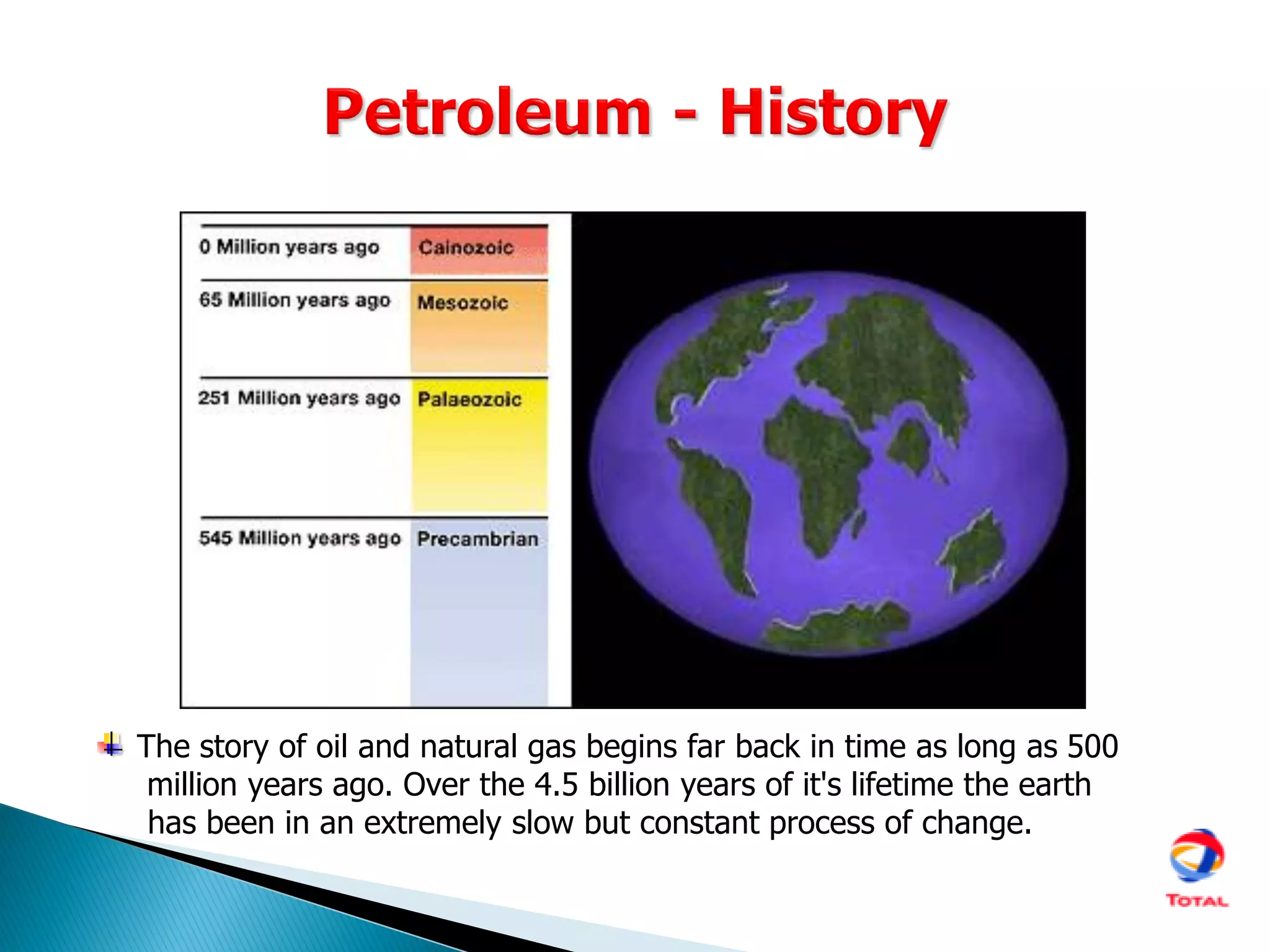 The story of oil and natural gas begins far back in time as long as 500
million years ago. Over the 4.5 billion years of it's lifetime the earth
has been in an extremely slow but constant process of change.
 