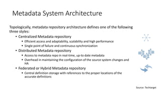 Metadata System Architecture
Topologically, metadata repository architecture defines one of the following
three styles:
• Centralized Metadata repository
 Efficient access and adaptability, scalability and high performance
 Single point of failure and continuous synchronization
• Distributed Metadata repository
 Access to metadata repo in real-time, up-to date metadata
 Overhead in maintaining the configuration of the source system changes and
HA
• Federated or Hybrid Metadata repository
 Central definition storage with references to the proper locations of the
accurate definitions
Source: Techtarget
 