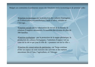 Malgré ces contraintes la palmeraie assure des fonctions socio économiques de premier ordre :

•Fonction économique par la production des cultures fourragères
et d’arboriculture essentiellement l’huile d’olive, céréales et
l’élevage...
•Fonction sociale par la valorisation du travail de la femme, la
création d’emplois saisonniers, le maintien des revenus de plus de
500 familles.
•Fonction écologique : par la protection de la nappe phréatique, la
production de cultures biologiques, l’entretien d’espace vert au
cœur de la cité et qui joue le rôle de « poumon vert de la ville ».
•Fonction de conservation du patrimoine, car Targa continue
d’être un espace où sont exercées des activités et des métiers
ancestraux liés à l’eau, l’agriculture, et l’élevage.

 