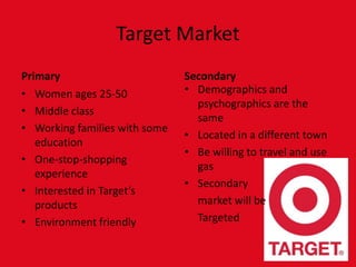 Target MarketPrimaryWomen ages 25-50Middle classWorking families with some educationOne-stop-shopping experienceInterested in Target’s productsEnvironment friendlySecondary Demographics and psychographics are the sameLocated in a different townBe willing to travel and use gasSecondary 	market will be Targeted