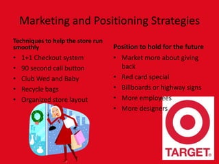 Marketing and Positioning StrategiesTechniques to help the store run smoothly1+1 Checkout system90 second call buttonClub Wed and BabyRecycle bagsOrganized store layoutPosition to hold for the futureMarket more about giving backRed card specialBillboards or highway signsMore employeesMore designers