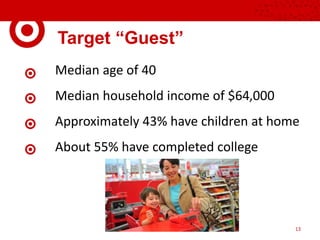 Target “Guest”
Median age of 40
Median household income of $64,000
Approximately 43% have children at home
About 55% have completed college
13
 