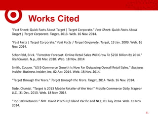 Works Cited
"Fact Sheet: Quick Facts About Target | Target Corporate." Fact Sheet: Quick Facts About
Target | Target Corporate. Target, 2013. Web. 16 Nov. 2014.
"Fast Facts | Target Corporate." Fast Facts | Target Corporate. Target, 13 Jan. 2009. Web. 16
Nov. 2014.
Schonfeld, Erick. "Forrester Forecast: Online Retail Sales Will Grow To $250 Billion By 2014."
TechCrunch. N.p., 08 Mar. 2010. Web. 18 Nov. 2014
Smith, Cooper. "US E-Commerce Growth Is Now Far Outpacing Overall Retail Sales." Business
Insider. Business Insider, Inc, 02 Apr. 2014. Web. 18 Nov. 2014.
"Target through the Years." Target through the Years. Target, 2014. Web. 16 Nov. 2014.
Tode, Chantal. "Target Is 2013 Mobile Retailer of the Year." Mobile Commerce Daily. Napean
LLC., 31 Dec. 2013. Web. 18 Nov. 2014.
"Top 100 Retailers." NRF. David P Schulz/ Island Pacific and NEC, 01 July 2014. Web. 18 Nov.
2014.
31
 