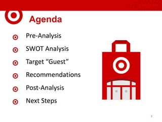 Agenda
Pre-Analysis
SWOT Analysis
Target “Guest”
Recommendations
Post-Analysis
Next Steps
7
 