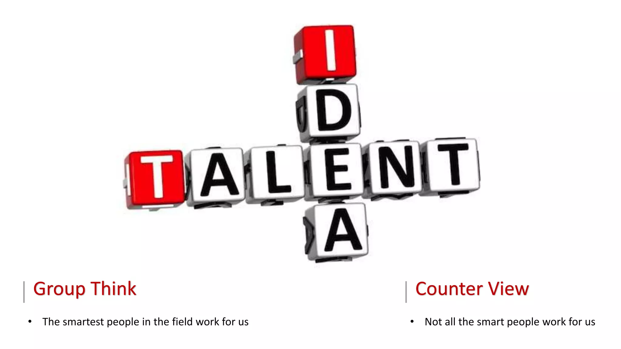 Group Think
• The smartest people in the field work for us
Counter View
• Not all the smart people work for us