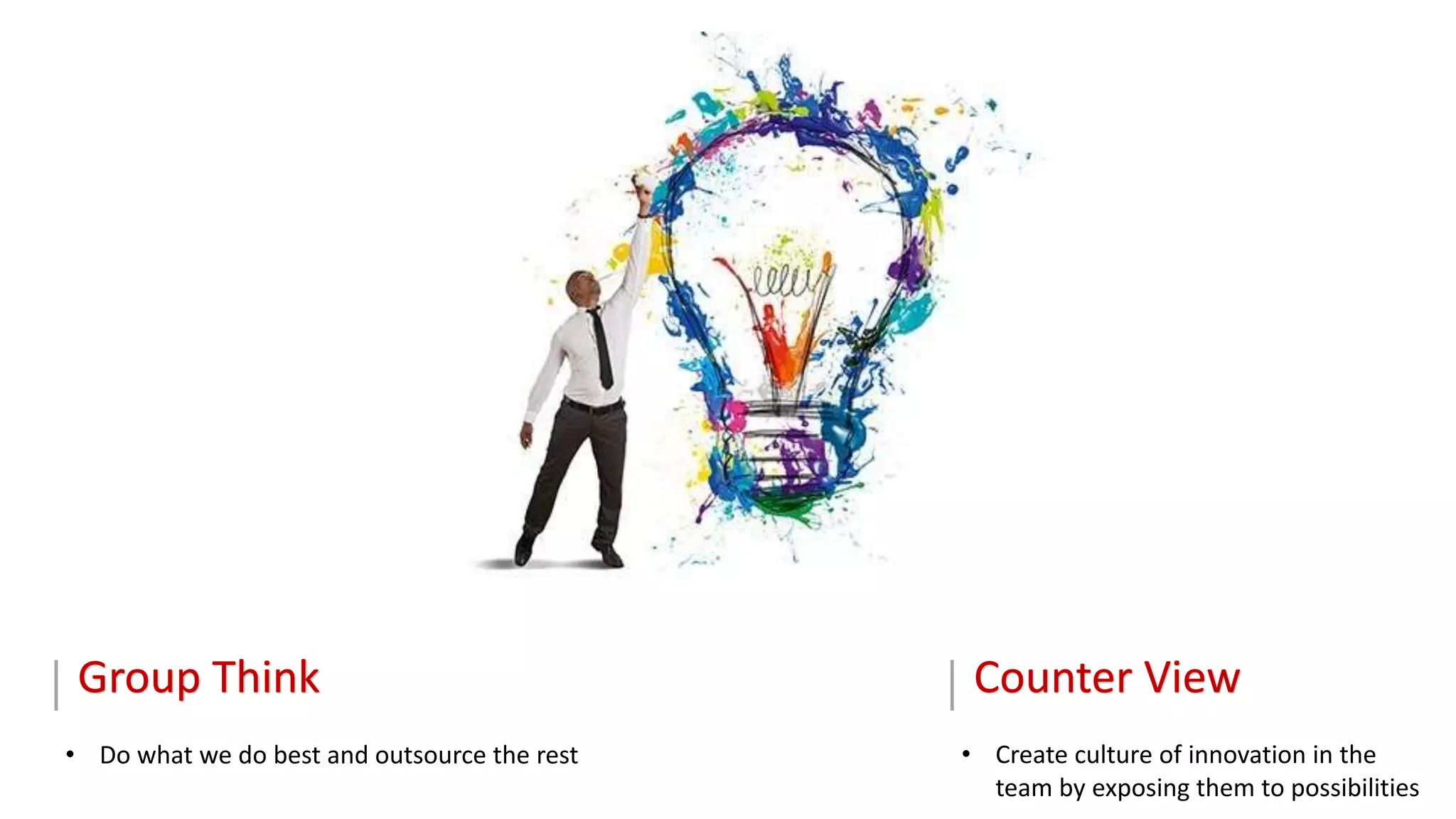 Group Think
• Do what we do best and outsource the rest
Counter View
• Create culture of innovation in the
team by exposing them to possibilities