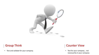 Group Think
• Test and validate for your company
Counter View
• Test for your company… not
necessariliy in your company
 