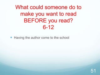 What could someone do to
make you want to read
BEFORE you read?
6-12
 Having the author come to the school
51
 