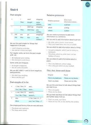 Unit 4
Past simple Relative pronouns
~o,• 	 shopp'rIf·
,,., bought _.c/ollles.
, didn'IIlO , 1I0pp/nll·
didn't ooy '0,''''' c/otlMs.
, OM	 slloppirlf7
'" ",,' M,"'" ''''' c/ollMs?
Wt use tilt past slmplt lor tllings tll~1
t1appt'nt'cI in lilt! pasl.
• , "'I'f)f ~"9 y..sIPld.fy.
• She met ~tr tnCll(/s lasl rnght 

ror rtgulM verbs. we form the past simpl. 

with -I'd.
· We looked M some Clollle~.
· snc lIstened to some mu~i{,
Some verbs are Ir,egular.
• He bougllt a maq,llinl'
• snl' 41C some chocolate. 

We uS(' did I didn', .. verb 10 form n"9~I;vu 

and quulions.
SIlC OI(/n'l buy anything.
• IOlItrt did IMy go'
Pa9t 9imple of /0 be
• 	 II H.. ISIl..11t .....s._ 

You I W.. I TIIl'y were_ 

I! He l Sloe l it ....."''f_
rou I W.. I TMy _~'L
, 	 ... 1llM/she/iL?
.~ yotJ 1 ....1 llIey_7
Tile ,Impl. past forms of be art wa5 ~nd ....re.
The pIIOM was I'KpcnSivl'.
• Tn/' shops w.,,!C105Pd.
GrtnmoreR.lati~ pronoun 

InformlillOl'l abouL 

who
wllich 	 II /h,"9
a pllfC,
w. us.. r..l"t'ye pronoons to add mor..
,nlo,"","on to a s.nt..nc...
W, use who to add informatIon abovt a penon.
• Wy sister....1!0 IS I~."(o. Io>..s /'Ofs....
• Trnsl$ my ,,,tndS¥o1. ...I!o1'••• on a boat.
Wf use ...hich to add information about a thifIQ.
rye got ~ compul",. which lyse lor dom<; my 

home..or.... 

this photo. wl"dl my SIsler 100«. Is of OUr

ho/iday In Francc. 

W.. use where to acid Information about a
plilce.
rllis is my bedroom.../left I sl~
• ThiS;$ file p;Jlk ...fttor...t t/ldy /OO/ball.
ThiS, thaI. these and those
Si"9ul¥ Plulal
ThIs Is my l>tdroom. TIMSIt ar.my boo~s.
TM/'s my dl's~. TlIosf If'my CDs.
We uselhis lind Ih.s. to talk about thIngs that
ale near to "'5.
• This is my qullar
• TI!tSc.' iN.. my sIloH.
Wt un Illal and 11105. 10 lal••bout Ih....gs Ihat
.n turllM!r aw.y flom us.
TIa/"S m~ dMII. o~« Iller.
• Those ar~ my Cos. Of! lilt' IIItIf by II>e ..,ndo...
 