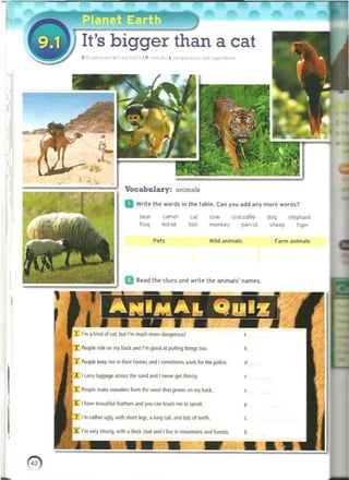 It's bigger than a cat 

".' , I '. I ~ l
'" ",,' .~'"
"
.1
Vocabulazy: IInimals
Write the words in the ta~. CiI" you add ilny mo.e words?
... (~ t ..t r_ (focodi" dog ciep/l.¥lt
""'I ...~ "" monkey P<l"01 ~ hljoCf
WIld .nl....ls 	 rarm Inlmal~
..."
B Read the clues and write the an,mals' names.
rm I kind of Q, but rm mudI .....e~I 	 ,
PtopIt ndo .... my bad; 3I'Id ron good ~l pulling ~ too.
•
~ ~ ~ ...... "'"' ...,."... ..wi I§OII"of1""" work lor 1M poIicf. d
I 
 J: I c.w.., ~ ;>("'" the S/lnd ;)rid I . -gtI,h••ty. , 

J: ~ ........ "....,"" from the wooIlh.Jt grows .... my bold. , 

I 	 1::1"-~ IutIltn and you can to:.u. ,.10~
:l: ron,MIlt! ugIJ ..d! W>rt IeoJ';.IIong r.-.. iIId loIS of ~ ,
:a::rm....., s1rong.. WI'" • hd< coaT _ I ~ OIl InCIO.IIIt.lIns ..... 1uRm. bI 	
•
0) 

 