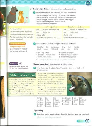 .....--
I For longer adjecti.e,
2 For mo~t one-syllable adj('ct i~e$
3 ForQIW-syliilbi<' 3djedivel that 0i'<Id in -y
~ For short ~dje clives that end wIth
j}l Language focus: comparatives and superlatives
o Read the e1ample-s and comple-te- the- rules in the- table.
T~e car is smaller Ifldn t~e d09. The mouse is Ihe smdll~,t. 

Ihe (at r~ prettier than (he dOG_ rile mouse IS tile prettiest. 

T~e (at is bigger than r~e mouse_ The dog is tile biggest. 

Tile Cdt is morp dangerous tim, tile mouse_ 

T~c dog is the most dangerous. 

Comparative adjectives Superlative adjective-s
in front of the adj~djve ill front of the adjective
""' ""'to thl' end to the end
"" ""change _yto change -y to
double the t~st letter ~nd add doubte the last letter "nd add
vowel + consoll~nt
D Comp~re these_animals using the ~djedives in the box.
trrl-9ul.r .djedivis beJutiful big dJngerous dirty IJ~t I r i ~ndly
Qood -+ better -+ the best good heJvy intelligent noisy ~Iow strong
b~d -+ worse -+ the "mrst
o cat I dD<} I sheep 3 bear I shark I tiger
1 crocodile I elephant I lion 4 dolphin I mouse / monkey
Z CJmel.l COw I horse 5 chicken / Ir09 / parrot
O/.,t I' ,.Ii. 11,. "I,' _'.It II. .j) ••.. 1. ·.1
Exam practice; Reading and Writing Part 5
Read the whote artict" firsl 

to lind out what it i~ about. 
 a Re-ad the artic le about sea lions. Choose the best word (A. 8 or C)
for each SpJCe,
",any a, SW anl!Hals thcrc. IYln;: In the
""" hi,,,· (5) , lowl} ,wi",,,,,,,;.:
" round in Ihe w"l~r. Tllq· arc' ,·err '''''')"
"~'. T" u""'~"I") (6) thel" btll
Ih<")· a,c (.:" I~,p"bf wj,h l i ,h~m"'"
bee"u", Ihey """llh<,, li sh and hreak
Ihei. I~",,,.
(7 ) i, "."Y I,) I<"",h "-·3 t" .", ~_, lhe)"
"ct· (8) HlI elli~~nt d,,,,, "",ny "'her
;mi",,,k ·11",,·, wh,· lh~r~ M~ ,,!i~!l """
l,on ,how, at ZOo, and "n;"",t t~"b_
,O(A)JrC , ", , A because , ,N
A Thi, 8 That ,These ,A wJtching ,'"wat ch C watches
Z A grow ,"
grow", ,'1ro"'''19
,A There
, " ,
, Her..
3 A qood , better C ~$t ,A much B very more
4 A At ,Durillg C Along
Speaking
D Do a class survey about animals. Then tell the class what VOli found out.
.'1(1, "" .',. ,.. .,'
found in 1h< PacifIC
(kc.n. from the "m,h ofCalitOt,,;, '"
tCXKO. (1) large 'Ul;m,l, li,·<
IIOr "1' lO20 Y""'" ,nd ,an (2) to
umo" th."" Ill~tr~, I",,:;:.
The (3) place to:s<:c:!ea lio ~,,,
F"herm.' n·, Wharf i n S,n F."nri",,_
" tho winter Iher< "'")" he os
 