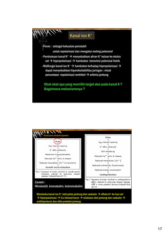 17
- Peran : sebagai kekuatan penstabil
untuk repolarisasi dan mengatur resting potensial
- Pembukaan kanal K+ menyebabkan aliran K+ keluar ke ekstra
sel hiperpolarisasi hambatan transmisi potensial listrik
- Malfungsi kanal ion K+ hambatan terhadap hiperpolarisasi
dapat menyebabkan hipereksitabilitas jaringan : misal
penundaan repolarisasi ventrikel aritmia jantung
Kanal ion K+
Obat-obat apa yang memiliki target aksi pada kanal K ?
Bagaimana mekanismenya ?
Membuka kanal ion K+ otot polos jantung dan vaskuler efluks K+ ke luar sel
hiperpolarisasi Ca intrasel turun relaksasi otot jantung dan vaskuler
antihipertensi dan efek proteksi jantung
Contoh :
Minoksidil, kromakalim, levkromakalim
Potassium channel openers
 