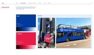 Color
17
Intro Core palette Supportive palette Rules Use Misuse
Core palette Our brand’s main colors of navy and sizzling red are
bold, vibrant and easily recognizable, and ca n be
used in multiple ways.
RGB 0 57 151
RGB 230 30 73
CMYK 1.00 0.62 0.00
CMYK 0.00 0.87 0.68
Navy
sizzling
Hex #003997
Hex #E61E49
Examples
 