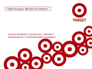 “ Target has guests, Wal-mart has customers” kanusha |lintukjohny | praveen das | sahithaks | sathyanaraynanc | surajbyndoorholla |vivekkapoor 