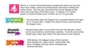 4Music is a music and entertainment programme where you can see
new music videos, watch live performances and watch comedy and
reality shows. You can also see behind the scenes footage of big
name stars and news of the latest stars. It reaches 10.5 million
viewers a month of which over 4 million are 16-34 year olds.
The Hits Radio plays the biggest hits to people between the ages
of 15-34 year olds. It plays non stop hit music and interviews
the biggest stars.
Absolute Radio plays music within the past five decades, which
can be accessed by a mainstream audience. It can be accessed by
mobile apps, Xbox 360, Smart TVs and online at their website.
CFM delivers the biggest songs of the moment
from Ed Sheeran, Calvin Harris, Taylor Swift, Olly
Murs, Coldplay and Sam Smith, everyday that
listeners will love.
 