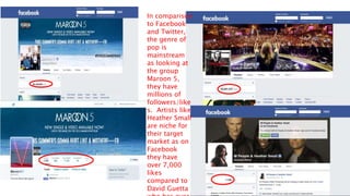 In comparison
to Facebook
and Twitter,
the genre of
pop is
mainstream
as looking at
the group
Maroon 5,
they have
millions of
followers/like
s. Artists like
Heather Small
are niche for
their target
market as on
Facebook
they have
over 7,000
likes
compared to
David Guetta
 