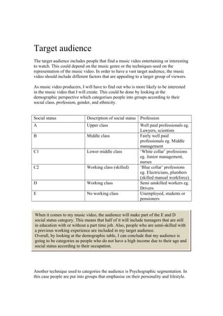 Target audience
The target audience includes people that find a music video entertaining or interesting
to watch. This could depend on the music genre or the techniques used on the
representation of the music video. In order to have a vast target audience, the music
video should include different factors that are appealing to a larger group of viewers.
As music video producers, I will have to find out who is more likely to be interested
in the music video that I will create. This could be done by looking at the
demographic perspective which categorises people into groups according to their
social class, profession, gender, and ethnicity.
Social status Description of social status Profession
A Upper class Well paid professionals eg.
Lawyers, scientists
B Middle class Fairly well paid
professionals eg. Middle
management
C1 Lower middle class ‘White collar’ professions
eg. Junior management,
nurses
C2 Working class (skilled) ‘Blue collar’ professions
eg. Electricians, plumbers
(skilled manual workforce)
D Working class Semi unskilled workers eg.
Drivers
E No working class Unemployed, students or
pensioners
Another technique used to categories the audience is Psychographic segmentation. In
this case people are put into groups that emphasise on their personality and lifestyle.
When it comes to my music video, the audience will make part of the E and D
social status category. This means that half of it will include teenagers that are still
in education with or without a part time job. Also, people who are semi-skilled with
a previous working experience are included in my target audience.
Overall, by looking at the demographic table, I can conclude that my audience is
going to be categories as people who do not have a high income due to their age and
social status according to their occupation.
 