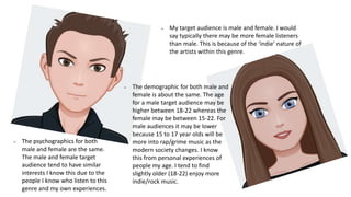 - My target audience is male and female. I would
say typically there may be more female listeners
than male. This is because of the ‘indie’ nature of
the artists within this genre.
- The demographic for both male and
female is about the same. The age
for a male target audience may be
higher between 18-22 whereas the
female may be between 15-22. For
male audiences it may be lower
because 15 to 17 year olds will be
more into rap/grime music as the
modern society changes. I know
this from personal experiences of
people my age. I tend to find
slightly older (18-22) enjoy more
indie/rock music.
- The psychographics for both
male and female are the same.
The male and female target
audience tend to have similar
interests I know this due to the
people I know who listen to this
genre and my own experiences.
 