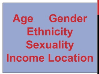 Age Gender
Ethnicity
Sexuality
Income Location
 