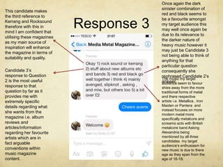 Response 3 
This candidate makes 
the third reference to 
Kerrang and Rocksound 
therefore with this in 
mind I am confident that 
utilising these magazines 
as my main source of 
inspiration will enhance 
the magazine in terms of 
suitability and quality. 
Candidate 3’s 
response to Question 
2 is the most useful 
response to that 
question by far as it 
provides me with 
extremely specific 
details regarding what 
she wants from the 
magazine i.e. album 
reviews and 
articles/information 
regarding her favourite 
artists which are in 
fact arguable 
conventions within 
music magazine 
content. 
Once again the dark 
sinister combination of 
red and black seems to 
be a favourite amongst 
my target audience this 
may well once again be 
due to its relevance to 
the darker nature of 
heavy music however it 
may just be Candidate 3 
not being able to think of 
anything for that 
particular question 
consequently she 
rephrased Candidate 2’s 
answer. 
The music my target 
audience seem to favour 
shies away from the more 
traditional forms of metal 
and there respective 
artists i.e. Metallica , Iron 
Maiden or Pantera and 
instead focuses on more 
modern metal more 
specifically metalcore and 
screamo acts with British 
metalcore band Asking 
Alexandria being 
mentioned by all three 
candidates my target 
audience’s enthusiasm for 
new music is due to there 
age as they span from the 
age of 16-18. 
 