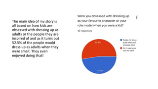 The main idea of my story is
all based on how kids are
obsessed with dressing up as
adults or the people they are
inspired of and as it turns out
52.5% of the people would
dress up as adults when they
were small. They even
enjoyed doing that!
 