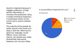 Sound is important because it
engages audiences: it helps
deliver information, it
increases the production value,
it evokes emotional responses,
it emphasizes what's on the
screen and is used to indicate
mood.
The majority of the people do
prefer sound in the movie as it
plays a vital role. When put to
good use, language, sound
effects, music, and even
silence, can elevate your video
dramatically. Bad sound,
however, can ruin your video.
 