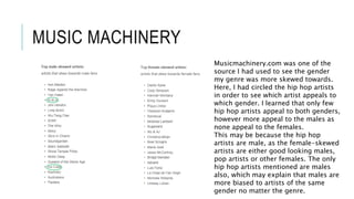 MUSIC MACHINERY
Musicmachinery.com was one of the
source I had used to see the gender
my genre was more skewed towards.
Here, I had circled the hip hop artists
in order to see which artist appeals to
which gender. I learned that only few
hip hop artists appeal to both genders,
however more appeal to the males as
none appeal to the females.
This may be because the hip hop
artists are male, as the female-skewed
artists are either good looking males,
pop artists or other females. The only
hip hop artists mentioned are males
also, which may explain that males are
more biased to artists of the same
gender no matter the genre.
 