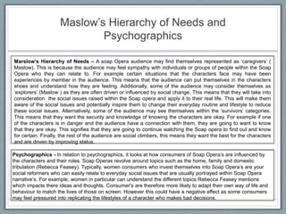 Maslow’s Hierarchy of Needs and
Psychographics
Psychographics - In relation to psychographics, it looks at how consumers of Soap Opera’s are influenced by
the characters and their roles. Soap Operas revolve around topics such as the home, family and domestic
tribulation (Rebecca Feasey). Typically, women consumers who invest themselves into Soap Opera’s are your
social reformers who can easily relate to everyday social issues that are usually portrayed within Soap Opera
narrative’s. For example, women in particular can understand the different topics Rebecca Feasey mentions
which impacts there ideas and thoughts. Consumer's are therefore more likely to adapt their own way of life and
behaviour to match the lives of those on screen. However this could have a negative effect as some consumers
may feel pressured into replicating the lifestyles of a character who makes bad decisions.
Marslow’s Hierarchy of Needs – A soap Opera audience may find themselves represented as ‘caregivers’ (
Maslow). This is because the audience may feel sympathy with individuals or groups of people within the Soap
Opera who they can relate to. For example certain situations that the characters face may have been
experiences by member in the audience. This means that the audience can put themselves in the characters
shoes and understand how they are feeling. Additionally, some of the audience may consider themselves as
‘explorers’ (Maslow ) as they are often driven or influenced by social change. This means that they will take into
consideration the social issues raised within the Soap opera and apply it to their real life. This will make them
aware of the social issues and potentially inspire them to change their everyday routine and lifestyle to reduce
these social issues. Alternatively, some of the audience may see themselves within the ‘survivors’ categories.
This means that they want the security and knowledge of knowing the characters are okay. For example if one
of the characters is in danger and the audience have a connection with them, they are going to want to know
that they are okay. This signifies that they are going to continue watching the Soap opera to find out and know
for certain. Finally, the rest of the audience are social climbers, this means they want the best for the characters
and are driven by improving status.
 