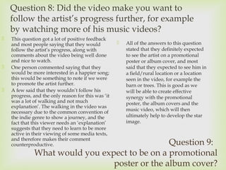 Question 8: Did the video make you want to
follow the artist’s progress further, for example
by watching more of his music videos?






This question got a lot of positive feedback
and most people saying that they would
follow the artist’s progress, along with
comments about the video being well done
and nice to watch.
One person commented saying that they
would be more interested in a happier song;
this would be something to note if we were
to promote the artist further.
A few said that they wouldn’t follow his
progress, and the only reason for this was ‘it
was a lot of walking and not much
explanation’. The walking in the video was
necessary due to the common convention of
the indie genre to show a journey, and the
fact that this viewer needs an ‘explanation’
suggests that they need to learn to be more
active in their viewing of some media texts,
and therefore makes their comment
counterproductive.



All of the answers to this question
stated that they definitely expected
to see the artist on a promotional
poster or album cover, and most
said that they expected to see him in
a field/rural location or a location
seen in the video, for example the
barn or trees. This is good as we
will be able to create effective
synergy with the promotional
poster, the album covers and the
music video, which will then
ultimately help to develop the star
image.

Question 9:
What would you expect to be on a promotional
poster or the album cover?

 