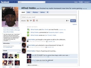 Alfred Hobbs            just finished my maths homework now time for some gaming   8 hours ago




 View photos of Alfred Hobbs
 Send Alfred Hobbs a Message                    Alfred Hobbs and Alex Smith are now friends.           Comment Like

 Poke Alfred Hobbs                              Alfred Hobbs commented on Vaneesha Halai’s status.
 I am the chosen one. I have been
 chosen to save the world and I                 Alfred Hobbs wrote on Ceri Turner’s Wall.
 will prevail in this quest because
 nobody knows my weaknesses
 and everyone knows my                    Alfred Hobbs just bought a new game to add to the collection..
 strengths! >:]
                                            18 hours ago via Facebook for Blackberry    Comment Like




 Relationship Status:
                                          Alfred Hobbs just unlocked a new achievement! Im haps :D
 It’s complicated                           2 days ago via Facebook for Blackberry     Comment Like



                                          Alfred Hobbs 4 hours of gaming and counting…


                                                  Tom GO TO SLEEP! You’re gonna have bags under your eyes :/
                                                   26th September 2010 at 21.45 Like

 Tom         Mark        Zoë
                                                  Richard wow you must be addicted!
                                                  26th September 2010 at 22.37 Like


                                           Write a comment. . .
Sarah        Luke        Richard
 