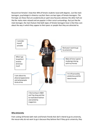 Research on females’ show that 40% of female students leave with degrees. Just like male
teenagers, psychologist in America say that there are two types of female teenagers. The
first type are those that are academically or sport wise focused, whereas the other half are
like the males more relaxed and are popular in their social surroundings. But just like the
male teenager, the main feature that both types of female teenagers have is that they care
about the way in which they appear to their peers or people that they are attracted to.
Why University
From asking 10 friends both male and female friends that don’t intend to go to university,
the reason why do not want to go is because they believe that if they go to university, they
NextyearI wantto go
to university
Most of time Ispend
studyingorbeing
withmyfriends
I care aboutmy
physical appearance
and whatpeople
thinkof me
WhenI go
to partiesI
tendto
drinktoo
much
I consider
myself
sensible
I’minfluencedby
celebritiesandthe
latesttrends
I like toshopin H&M
and Top shopand like
to readlatestfashion
and celebrity
magazines
 