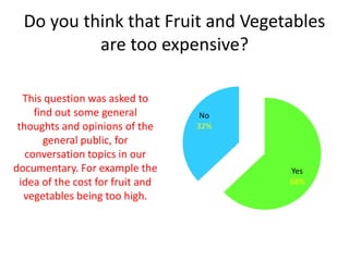 Do you think that Fruit and Vegetables
are too expensive?
Yes
68%
No
32%
This question was asked to
find out some general
thoughts and opinions of the
general public, for
conversation topics in our
documentary. For example the
idea of the cost for fruit and
vegetables being too high.
 