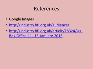 References
• Google Images
• http://industry.bfi.org.uk/audiences
• http://industry.bfi.org.uk/article/18324/UK-
  Box-Office-11--13-January-2013
 