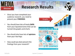 Discover
•

Research Results

Once you have completed your
audience research, you need to
present your FINDINGS

Graphs

•

You should have lots of lovely DATA
from your Questionnaires that can be
turned into graphs and charts

•

You should also have lots of opinions
from your Vox Pops
Infographics

•

How could you best present the
findings from your research?

13/11/13

Autumn 2, Lesson 4

10

 